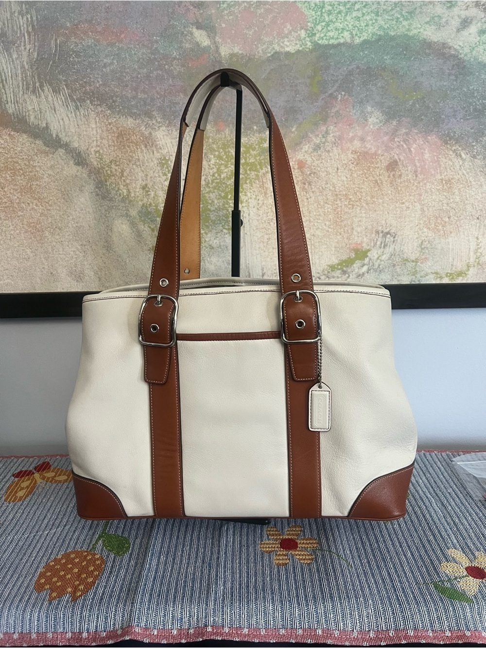 Vintage 2003 Coach Hampton Gallery Tote Cream and Brown Leather